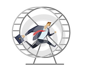 Businessman in office suit running in a wheel like a squirrel. Running in place. Hurry up. Race for success. Concept