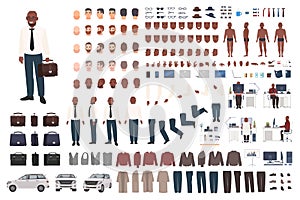 Businessman or office worker creation kit. Collection of flat male cartoon character body parts, facial gestures, smart