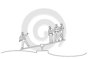 businessman on one side of weighing scale is heavier than many executives the other side. Single continuous line art