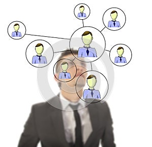 Businessman with online friends network isolated