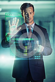Businessman, online and glass with security hologram of futuristic biometrics and information technology. Male person