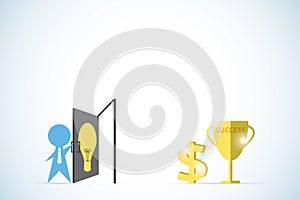 Businessman open the lightbulb door to find golden trophy and dollar sign, idea and business concept