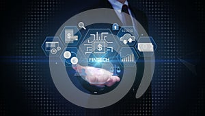 Businessman open palm, Financial technology illustration icon and various graph.