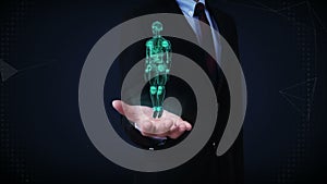 Businessman open palm, Rotating transparency 3D robot body, X-ray scan.