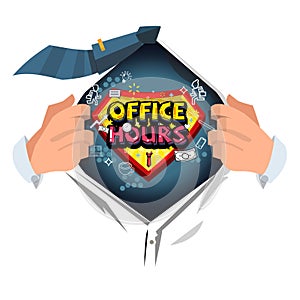 Businessman open shirt to show `office hour typographic` with office icon elements in comic style - vector