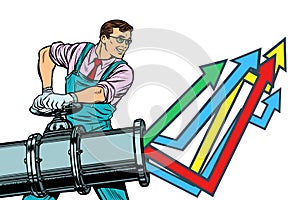 Businessman opens pipe, growth chart up. Isolate on white backgr