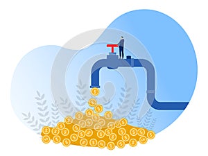 Businessman opens a tap from which coins flow. Financial income,investment income. passive income concept. vector illustration