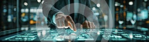 Businessman operating futuristic data interface on digital touchscreen