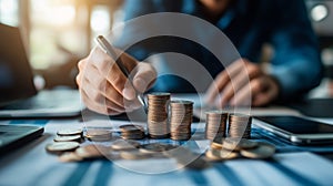 Businessman organizing stacks of coins while analyzing financial data