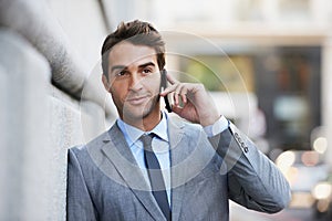 Businessman, outdoor and phone call in city networking with lawyer, client and virtual communication. Attorney, talking