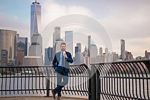 Businessman outdoor portrait. Middle age businessman in NYC. Mature senior man in 40s walk at Manhattan. Business