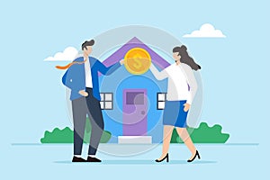 Businessman over dollar coin to new homeowner, illustrating making down payment for purchasing house