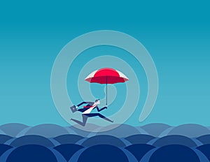 Businessman over with red parasols for best protection. Business discovering vector illustration