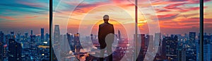 Businessman Overlooking City at Sunset