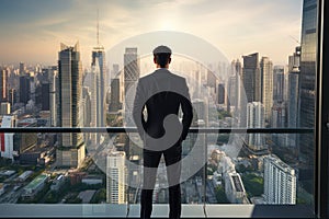 Businessman Overlooks Modern City From Balcony