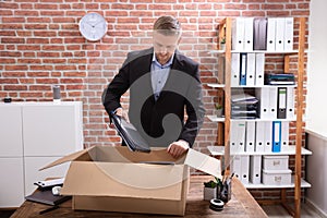 Businessman Packing His Belongings In Cardboard Box