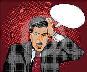 Businessman in panic of the financial crisis or business failure. Vector illustration in pop art retro style. Man with