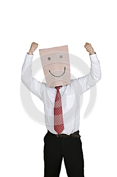 Businessman with paper bag expressing success