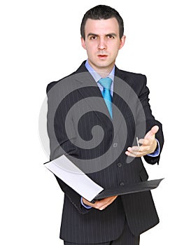 Businessman with paper folder. Isolated .