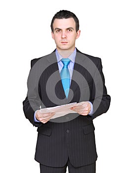 Businessman with paper folder. Isolated .