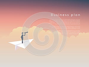 Businessman on a paper plane as symbol of business leadership, vision, strategy, plan.