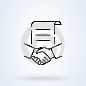Businessman partners shaking hands sign line icon or logo. Business man partnership beginning and Handshake concept. Financing of