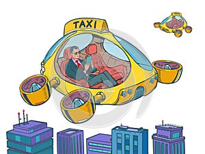 Businessman passenger. Drone air taxi, autopilot city transport. Helicopter of the future Isolate on a neutral
