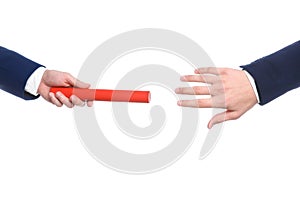 Businessman passing baton to his partner on white background, closeup