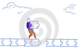 Businessman pave way man making puzzle path jigsaw parts problem solution concept horizontal sketch doodle photo