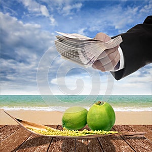 Businessman pay for coconut and spadix flower of coconut on deck