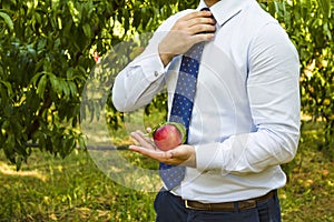 Businessman with peach in his hand