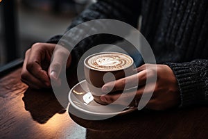 Businessman person drinking coffee in cafe. Hands holding coffee cup.