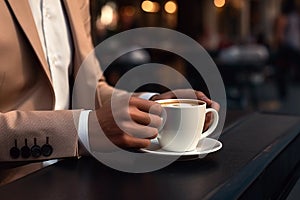 Businessman person drinking coffee in cafe. Hands holding coffee cup.