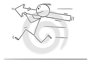 Businessman or Person Running and Holding Big Arrow, Vector Cartoon Stick Figure Illustration
