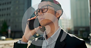 Businessman, phone call and city for communication, conversation or outdoor networking. Face of man or employee talking