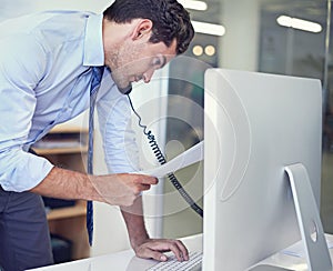 Businessman, phone call and computer for discussion as with paperwork for client loan, investment or accounting. Male