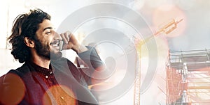 Businessman, phone call and construction site in double exposure for networking, conversation and smile. Man, smartphone