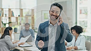 Businessman, phone call and conversation in meeting for communication, leadership or networking at office. Asian man