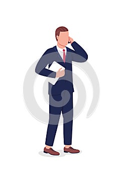 Businessman on phone call flat color vector faceless character