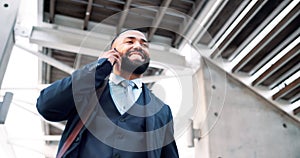 Businessman, phone call and happy with communication on stairs for business negotiation on investments or deals and