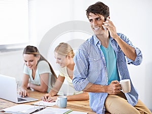 Businessman, phone call and networking or drinking coffee in office, smile and connection for communication. Happy male