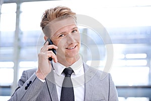 Businessman, phone call and networking or planning in portrait, communication and talk on opportunity. Male person, b2b