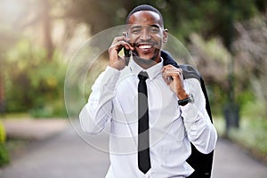 Businessman, phone call and portrait in city with talking, networking and conversation for smartphone. Male banker