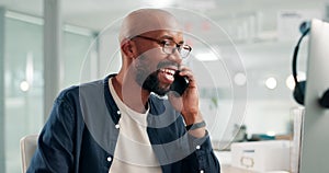 Businessman, phone call and smile with communication in office for networking, conversation or mobile chat. Black person