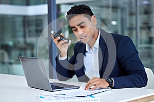 Businessman, phone call and speaker with laptop and document for accounting or financial advisor at office. Man