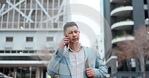 Businessman, phone call and walking in city for discussion, proposal or travel on urban street. Man or employee talking