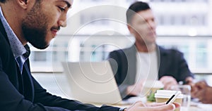 Businessman, phone and hands in meeting for networking, communication or social media at office. Closeup of man or