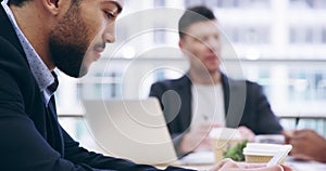 Businessman, phone and hands in meeting for typing, communication or networking at office. Closeup of man or employee on