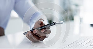 Businessman, phone and hands typing in communication, social media or chatting online at office. Closeup of Man or