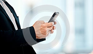 Businessman, phone and hands typing in networking, communication or social media for corporate idea on mockup. Hand of